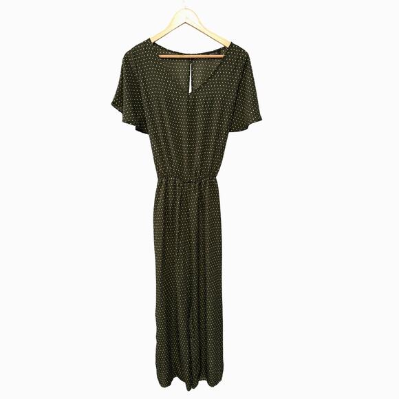 NEW! Roolee M Polka Dot Jumpsuit $99 Wide Leg Cropped V Neck Olive Green White - Picture 2 of 10